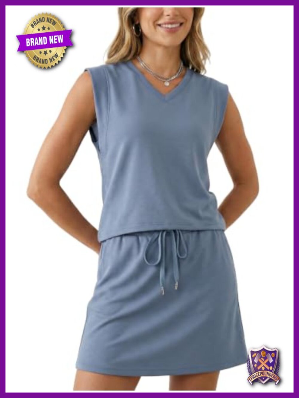 Women Summer 2 Piece Skort Set Sleeveless V-Neck Top Tennis Skirt with Pockets